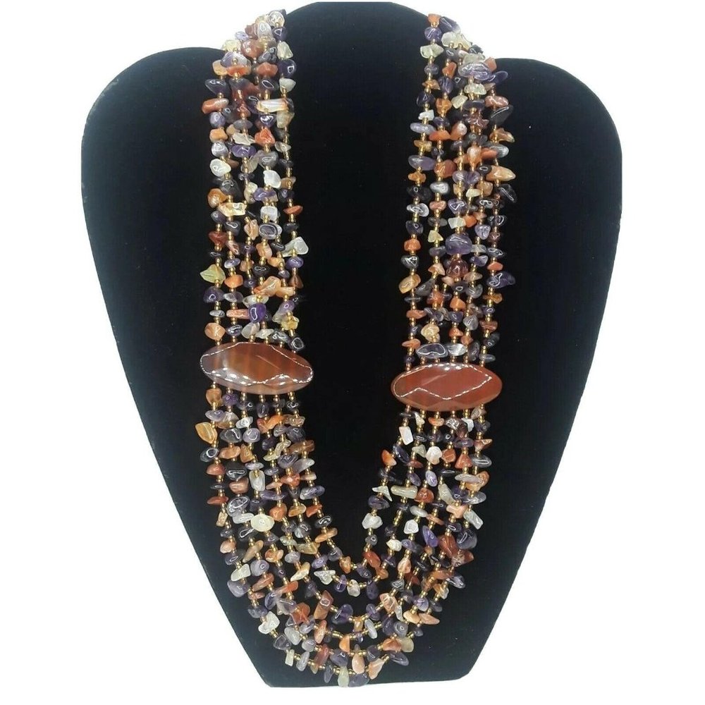 Multi Strand Stone Drape Necklace Purple Orange Statement Piece